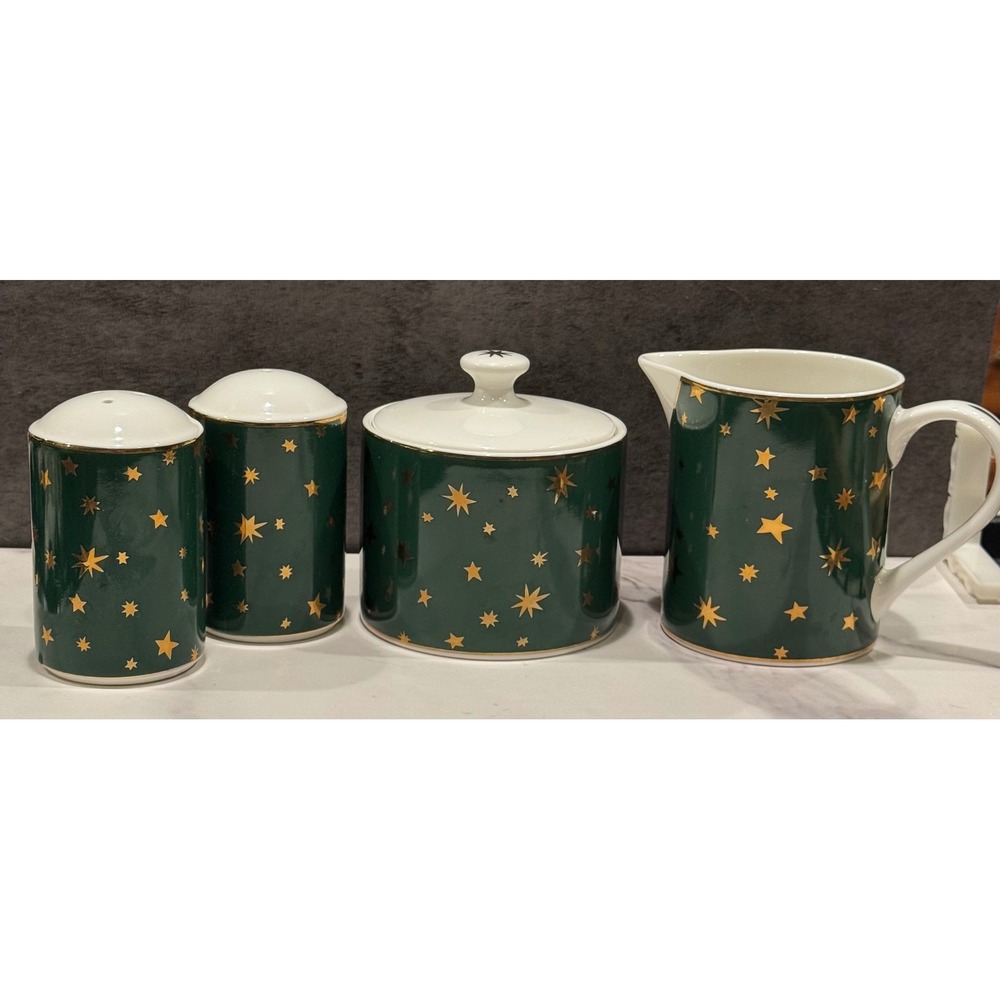 Sakura Galaxy Fine Porcelain Creamer Sugar Bowl Salt Pepper Shaker Set 14k Gold